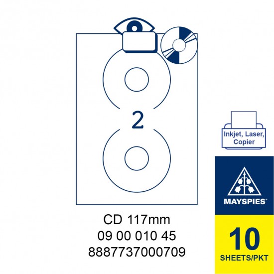 MAYSPIES 09 00 010 45 LABEL FOR INKJET / LASER / COPIER 10 SHEETS/PKT WHITE CD 117MM
